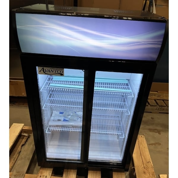Scratch and Dent Avantco CSM-4-HC Black Customizable Countertop Display Refrigerator with Sliding Door and Merchandising Panel