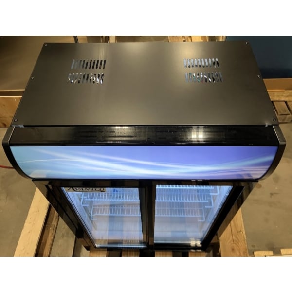 Scratch and Dent Avantco CSM-4-HC Black Customizable Countertop Display Refrigerator with Sliding Door and Merchandising Panel