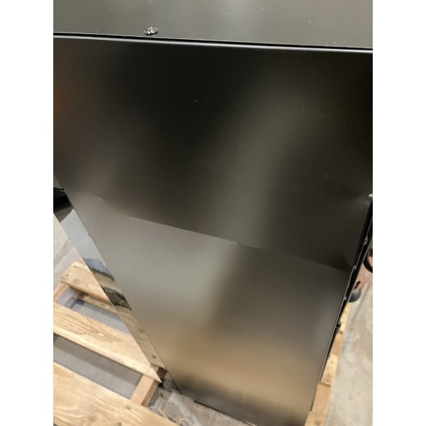 Scratch and Dent Avantco CSM-4-HC Black Customizable Countertop Display Refrigerator with Sliding Door and Merchandising Panel