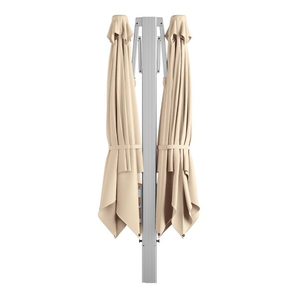 Scratch and Dent Lancaster Table & Seating 10' Square Sand Hydraulic Lift Silver Aluminum Twin Cantilever Umbrella