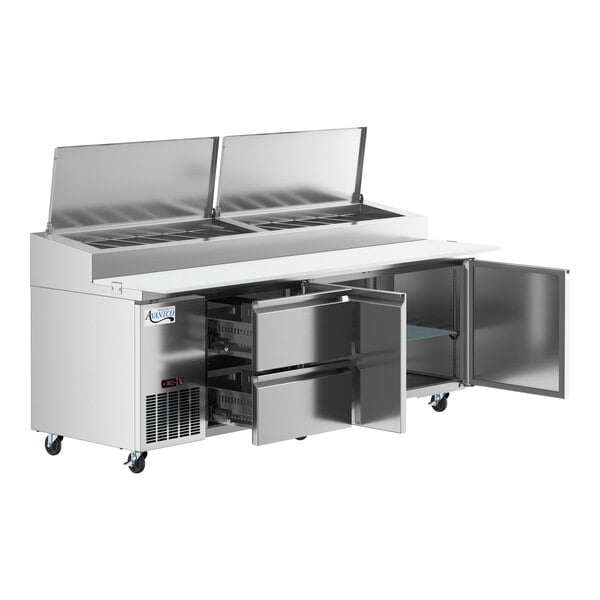Scratch and Dent Avantco SSPPT-3I 94" 2 Door Refrigerated Pizza Prep Table with 2 Drawers