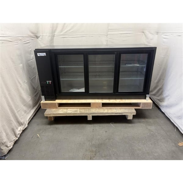 Scratch and Dent Avantco UBB-72S-GT 73" Black Underbar Height Narrow Sliding Glass Door Back Bar Refrigerator with Galvanized Top and LED Lighting