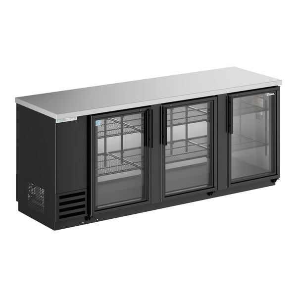 Scratch and Dent True TBB-4G-HC-LD 90 3/8" Black Counter Height Glass Door Back Bar Refrigerator with LED Lighting