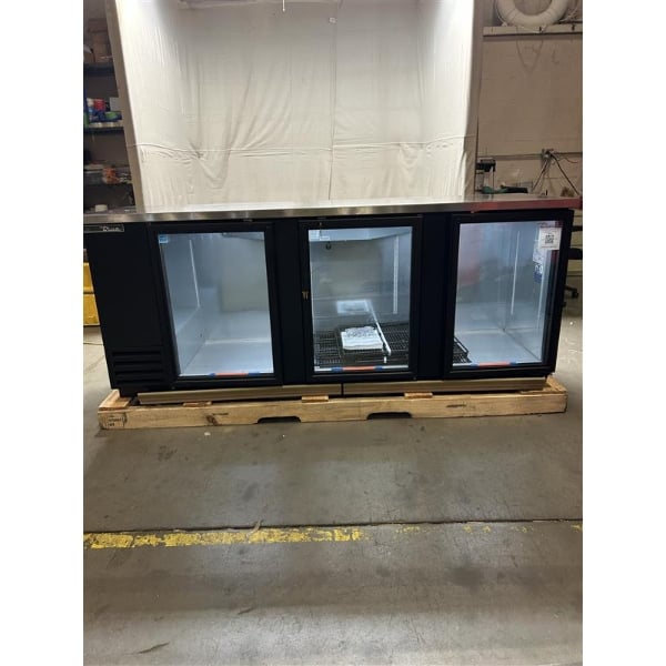 Scratch and Dent True TBB-4G-HC-LD 90 3/8" Black Counter Height Glass Door Back Bar Refrigerator with LED Lighting