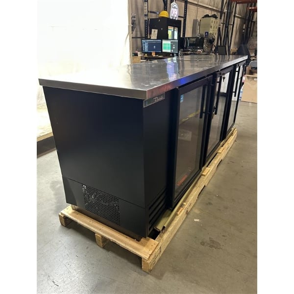 Scratch and Dent True TBB-4G-HC-LD 90 3/8" Black Counter Height Glass Door Back Bar Refrigerator with LED Lighting