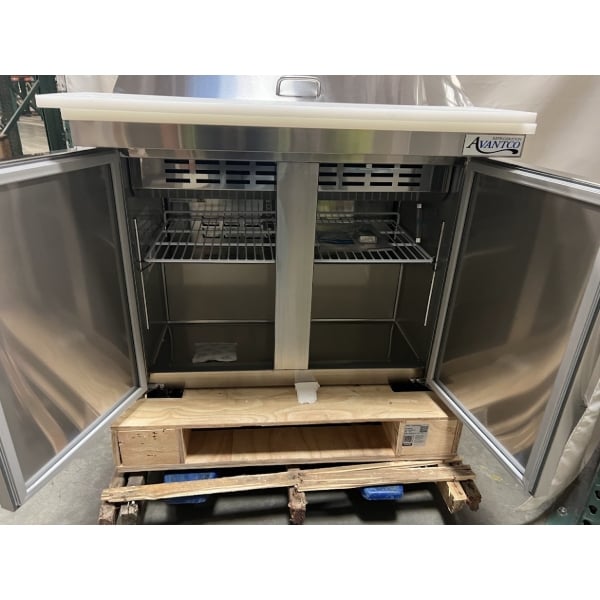 Scratch and Dent Avantco SS-PT-36M-C 36" 2 Door Mega Top Stainless Steel Refrigerated Sandwich Prep Table with 10 1/2" Cutting Board