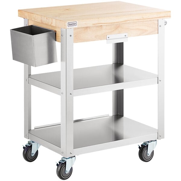 Scratch and Dent Steelton Wood Top Work Cart with Stainless Steel Base and Undershelves - 32" x 20" x 35"