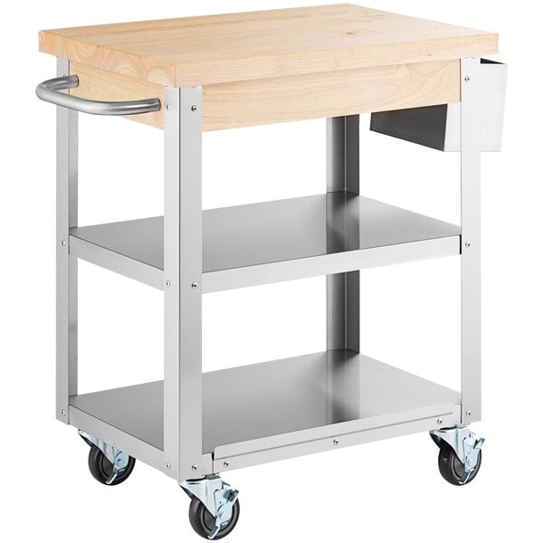 Scratch and Dent Steelton Wood Top Work Cart with Stainless Steel Base and Undershelves - 32" x 20" x 35"