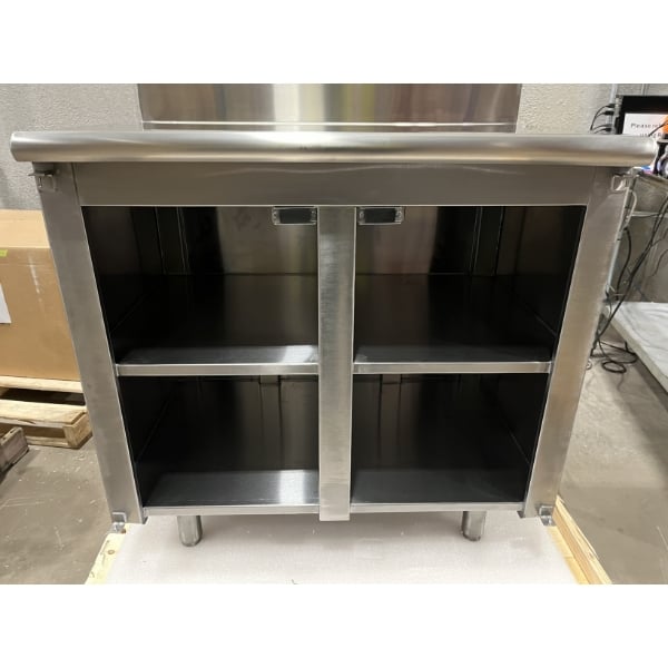 Scratch and Dent Advance Tabco HK-SS-243M 24" x 36" 14 Gauge Enclosed Base Stainless Steel Work Table with Fixed Midshelf and 5" Backsplash