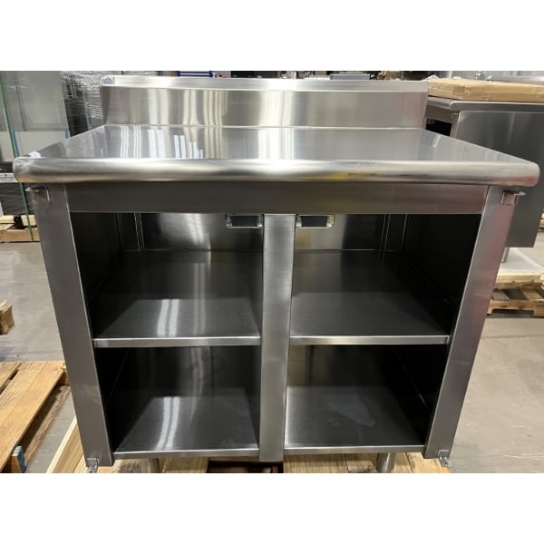 Scratch and Dent Advance Tabco HK-SS-243M 24" x 36" 14 Gauge Enclosed Base Stainless Steel Work Table with Fixed Midshelf and 5" Backsplash