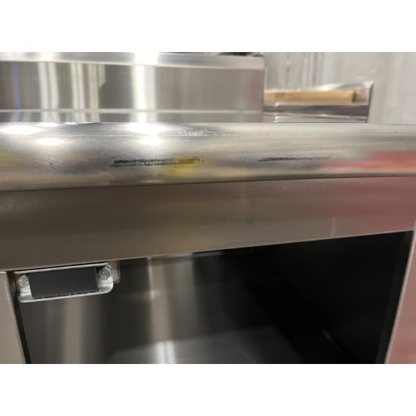 Scratch and Dent Advance Tabco HK-SS-243M 24" x 36" 14 Gauge Enclosed Base Stainless Steel Work Table with Fixed Midshelf and 5" Backsplash