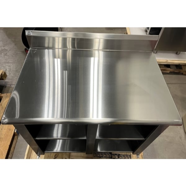 Scratch and Dent Advance Tabco HK-SS-243M 24" x 36" 14 Gauge Enclosed Base Stainless Steel Work Table with Fixed Midshelf and 5" Backsplash