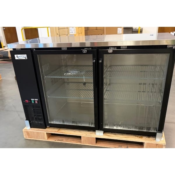 Scratch and Dent Avantco UBB-2G-HC 59" Black Counter Height Glass Door Back Bar Refrigerator with LED Lighting