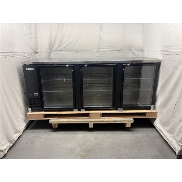 Scratch and Dent Avantco UBB-4G-HC 90" Black Counter Height Glass Door Back Bar Refrigerator with LED Lighting