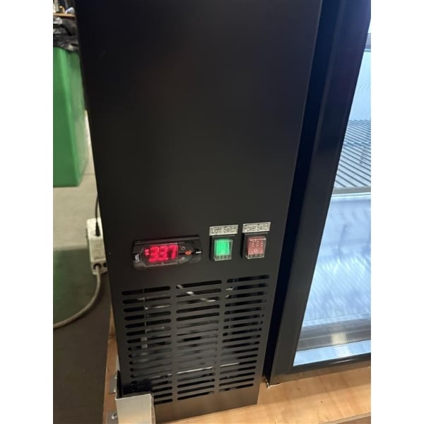 Scratch and Dent Avantco UBB-4G-HC 90" Black Counter Height Glass Door Back Bar Refrigerator with LED Lighting