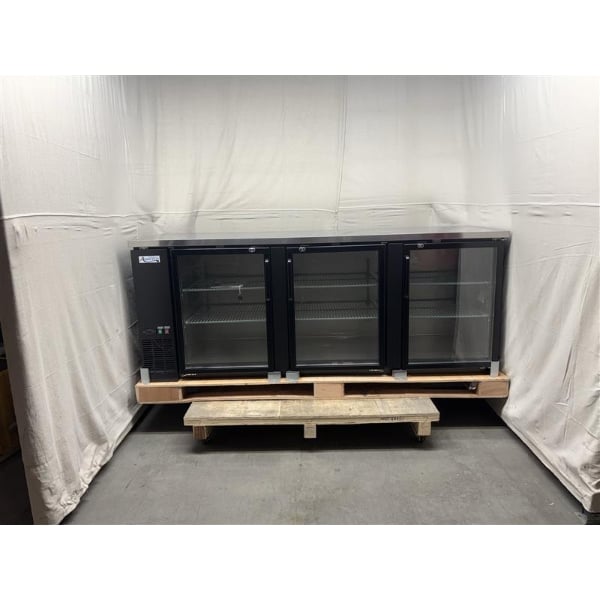 Scratch and Dent Avantco UBB-4G-HC 90" Black Counter Height Glass Door Back Bar Refrigerator with LED Lighting