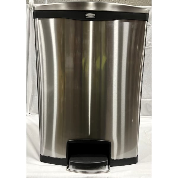 Scratch and Dent Rubbermaid® 1901999 Slim Jim Stainless Steel Black Accent Front Step-On Rectangular Trash Can with Single Rigid Plastic Liner - 96 Qt. / 24 Gallon