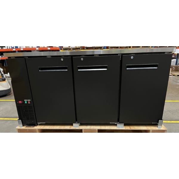 Scratch and Dent Avantco UBB-72-HC 73" Black Counter Height Narrow Solid Door Back Bar Refrigerator with LED Lighting
