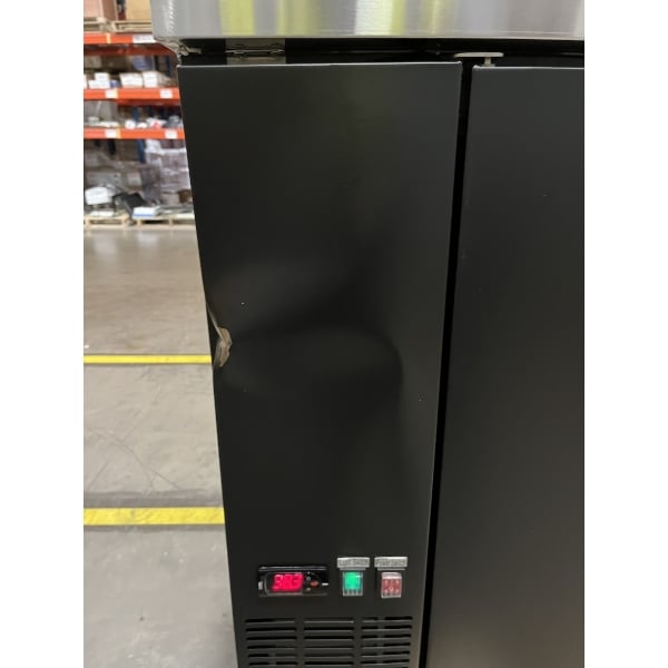 Scratch and Dent Avantco UBB-72-HC 73" Black Counter Height Narrow Solid Door Back Bar Refrigerator with LED Lighting
