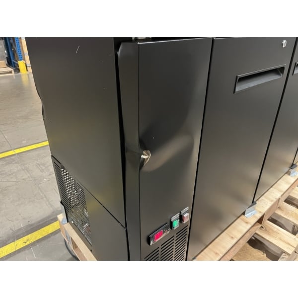 Scratch and Dent Avantco UBB-72-HC 73" Black Counter Height Narrow Solid Door Back Bar Refrigerator with LED Lighting