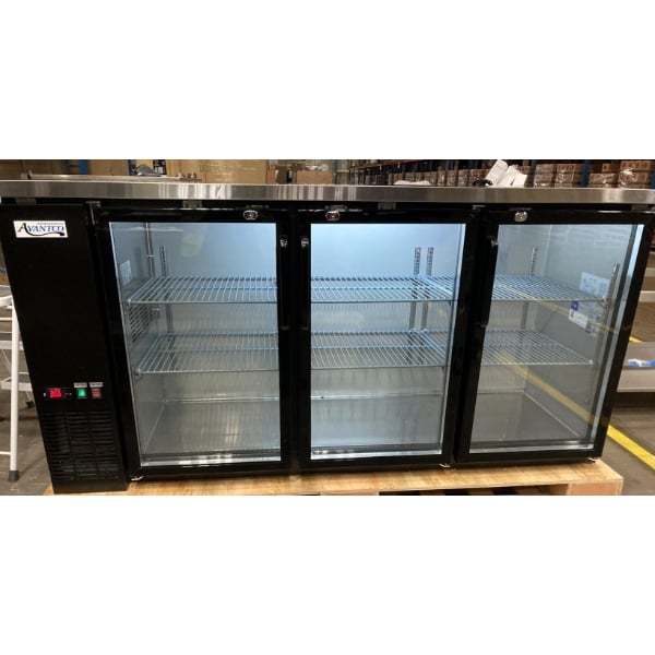 Scratch and Dent Avantco UBB-72G-HC 73" Black Counter Height Narrow Glass Door Back Bar Refrigerator with LED Lighting