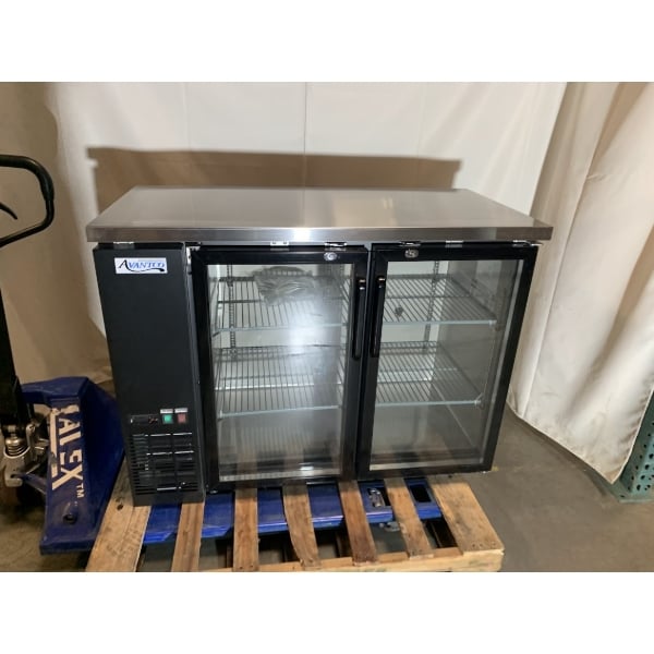 Scratch and Dent Avantco UBB-48G-HC 48" Black Counter Height Narrow Glass Door Back Bar Refrigerator with LED Lighting