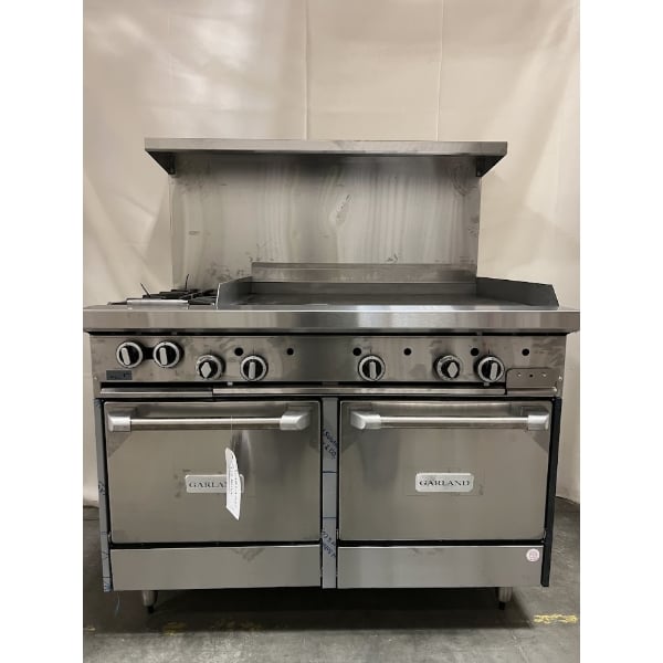 Scratch and Dent Garland G48-2G36LL Liquid Propane 2 Burner 48" Range with 36" Griddle and 2 Space Saver Ovens - 170,000 BTU