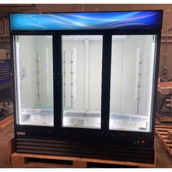 Scratch and Dent Avantco GDC-69-HC 78 1/4" Black Swing Glass Door Merchandiser Refrigerator with LED Lighting