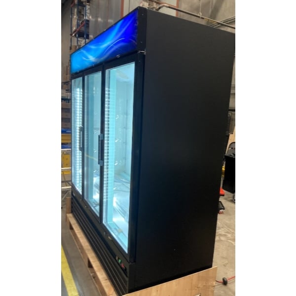 Scratch and Dent Avantco GDC-69-HC 78 1/4" Black Swing Glass Door Merchandiser Refrigerator with LED Lighting