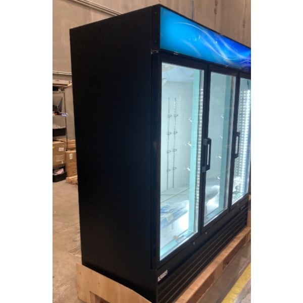 Scratch and Dent Avantco GDC-69-HC 78 1/4" Black Swing Glass Door Merchandiser Refrigerator with LED Lighting