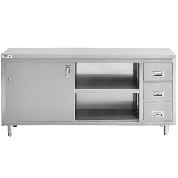 Scratch and Dent Regency 24" x 72" 16 Gauge Type 304 Stainless Steel Enclosed Base Sliding Door Table with Drawers