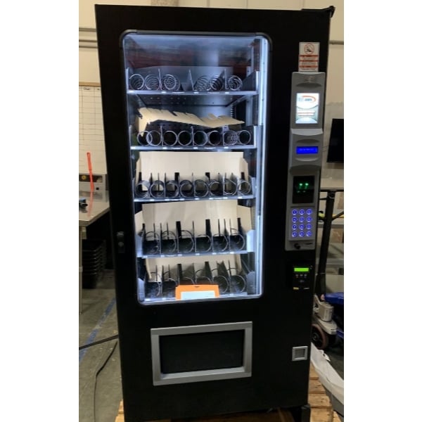 Scratch and Dent AMS LTF 2-1-2 28-Selection Refrigerated Snack and Beverage Vending Machine with Credit Card System, Bill Validator, and Coin Mechanism