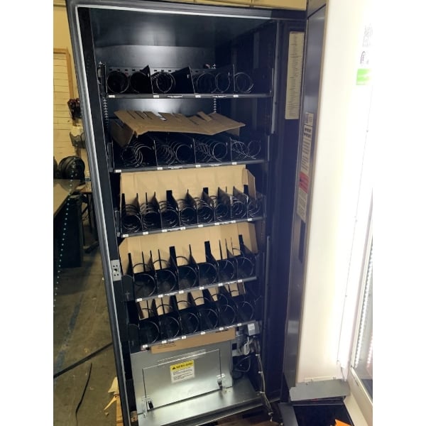 Scratch and Dent AMS LTF 2-1-2 28-Selection Refrigerated Snack and Beverage Vending Machine with Credit Card System, Bill Validator, and Coin Mechanism