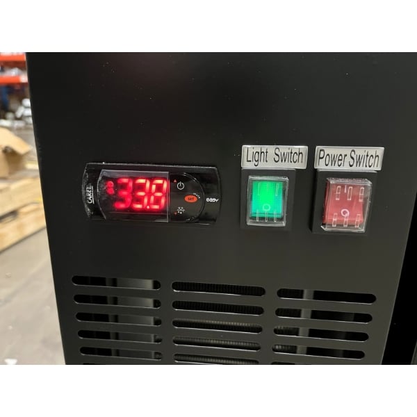 Scratch and Dent Avantco UBB-72G-HC 73" Black Counter Height Narrow Glass Door Back Bar Refrigerator with LED Lighting