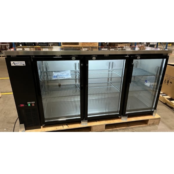 Scratch and Dent Avantco UBB-72G-HC 73" Black Counter Height Narrow Glass Door Back Bar Refrigerator with LED Lighting