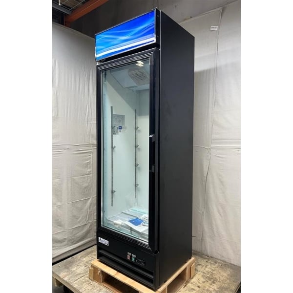 Scratch and Dent Avantco GDC-15-HC 25 5/8" Black Left-Hinged Swing Glass Door Merchandiser Refrigerator with LED Lighting