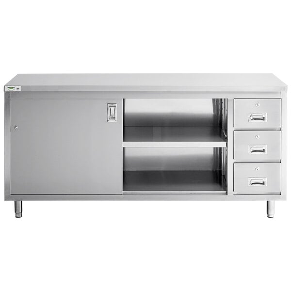 Scratch and Dent Regency 30" x 72" 16 Gauge Type 304 Stainless Steel Enclosed Base Sliding Door Table with Drawers