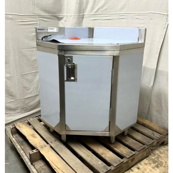 Scratch and Dent Regency Spec Line 24" x 24" 14-Gauge Stainless Steel Corner Work Table with Hinged Door and Lock