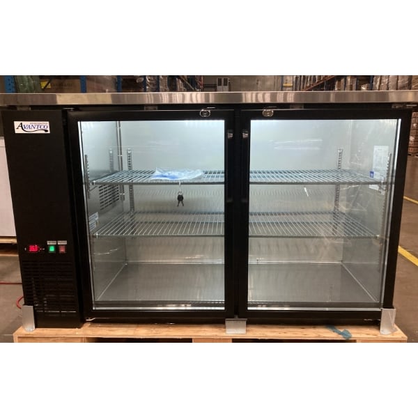 Scratch and Dent Avantco UBB-2G-HC 59" Black Counter Height Glass Door Back Bar Refrigerator with LED Lighting