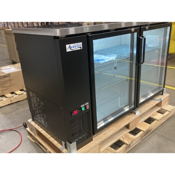Scratch and Dent Avantco UBB-2G-HC 59" Black Counter Height Glass Door Back Bar Refrigerator with LED Lighting