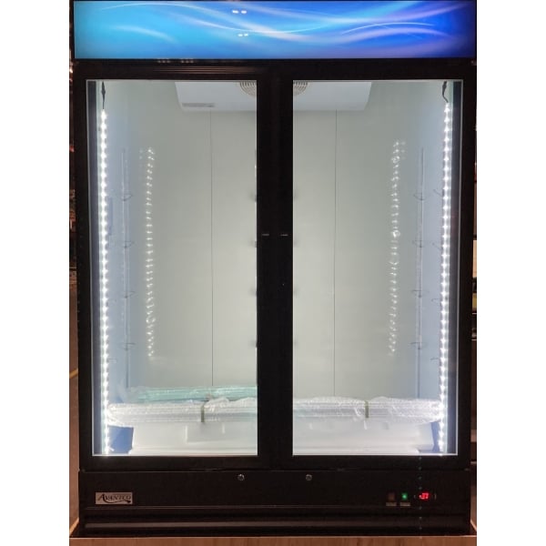 Scratch and Dent Avantco GDC-49F-HC 53" Black Swing Glass Door Merchandiser Freezer with LED Lighting
