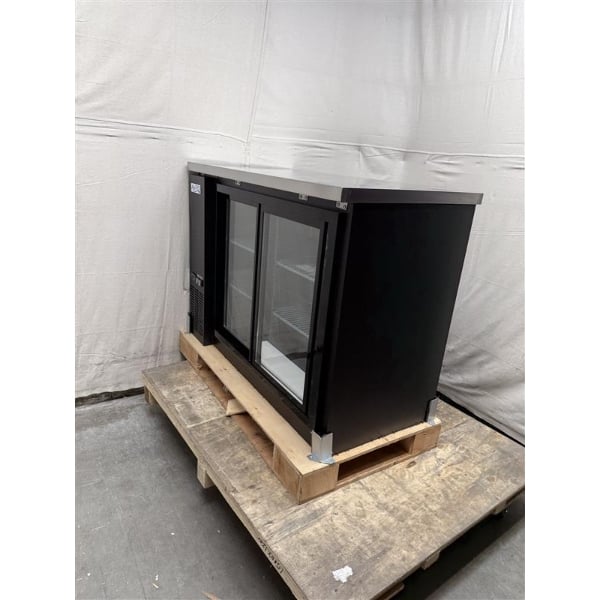 Scratch and Dent Avantco UBB-48S-HC 48" Black Counter Height Narrow Sliding Glass Door Back Bar Refrigerator with LED Lighting