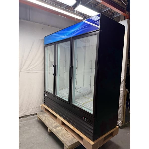 Scratch and Dent Avantco GDC-69-HC 78 1/4" Black Swing Glass Door Merchandiser Refrigerator with LED Lighting