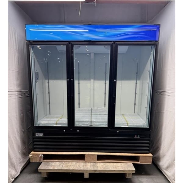 Scratch and Dent Avantco GDC-69-HC 78 1/4" Black Swing Glass Door Merchandiser Refrigerator with LED Lighting