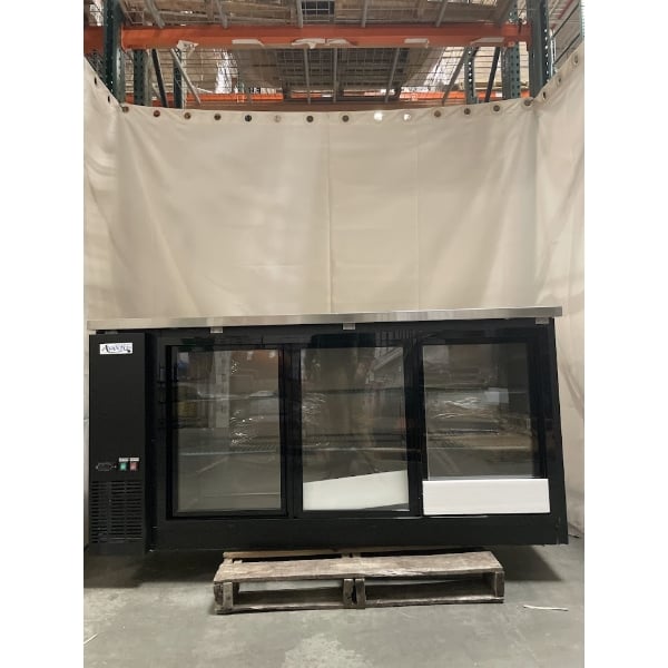 Scratch and Dent Avantco UBB-72S-HC 73" Black Counter Height Narrow Sliding Glass Door Back Bar Refrigerator with LED Lighting