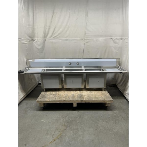 Scratch and Dent Regency 94" Three Compartment Commercial Sink with Galvanized Steel Legs, Two 18" Drainboards, and 18" x 18" x 14" Sink Bowls