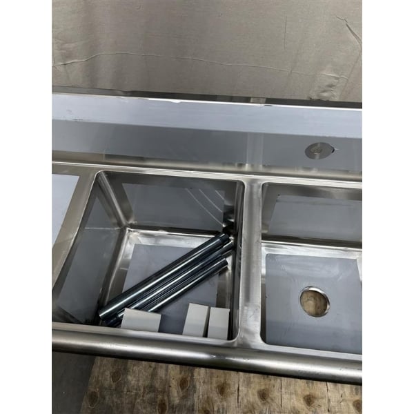 Scratch and Dent Regency 94" Three Compartment Commercial Sink with Galvanized Steel Legs, Two 18" Drainboards, and 18" x 18" x 14" Sink Bowls