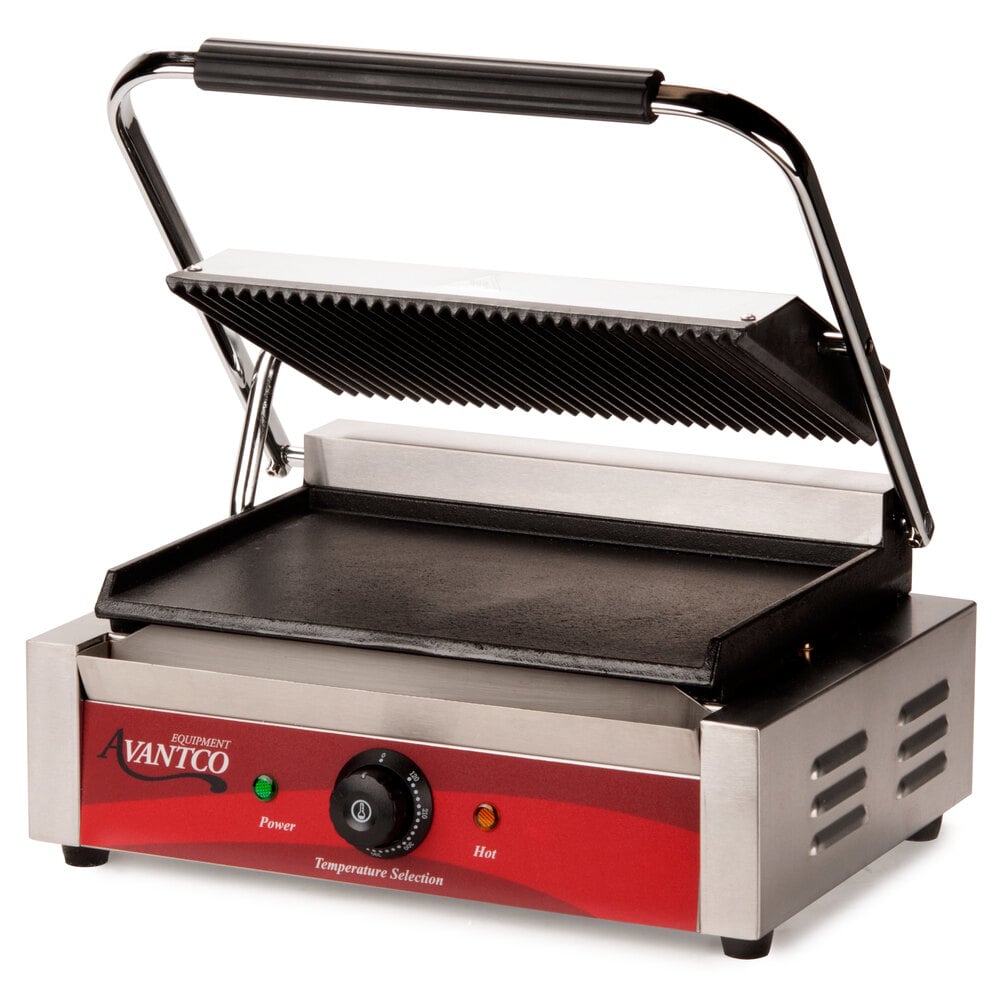 Avantco panini grill with a grooved top and smooth bottom plate