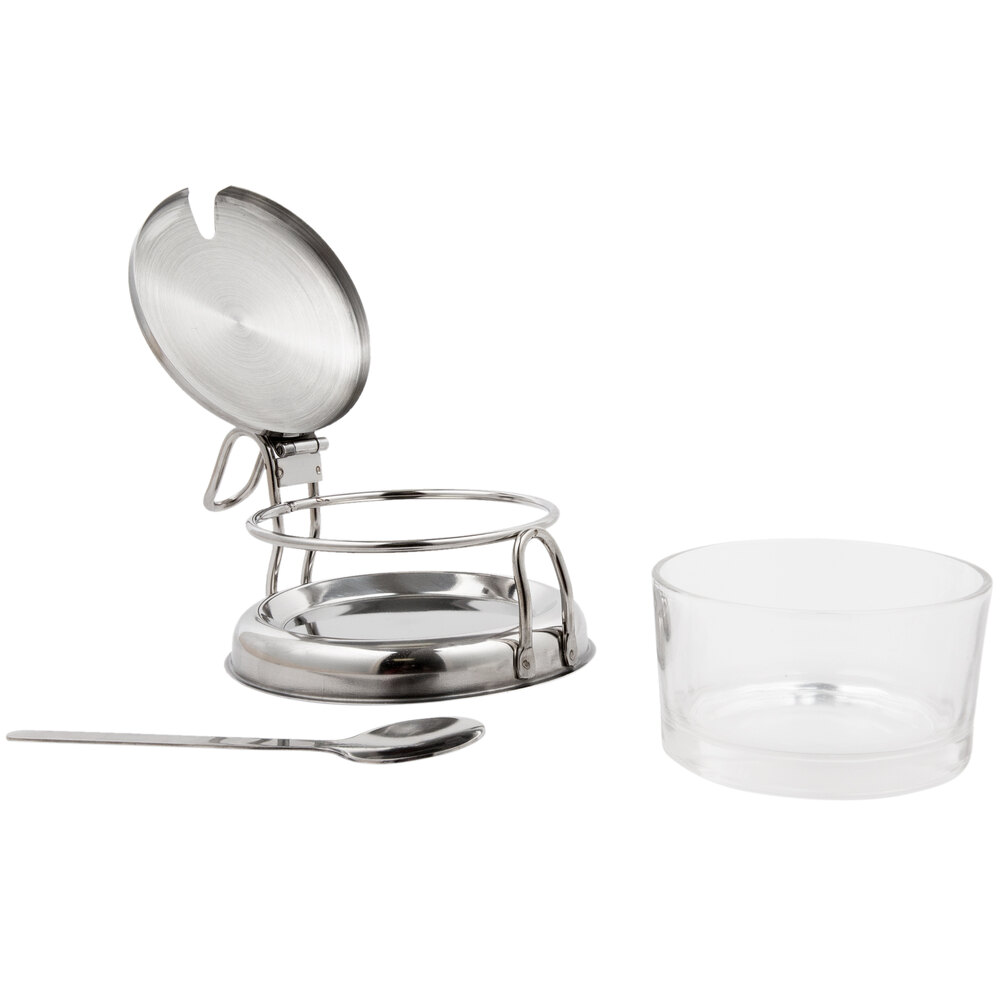 Tablecraft 357 6 oz. Glass Condiment Jar with Holder, Lid & Spoon