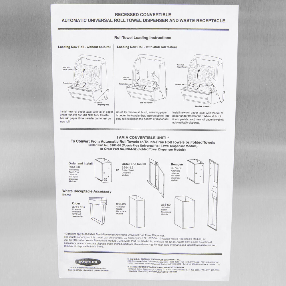 Bobrick B 2974 Surface Mounted Automatic Universal Roll Paper Towel Dispenser 2980